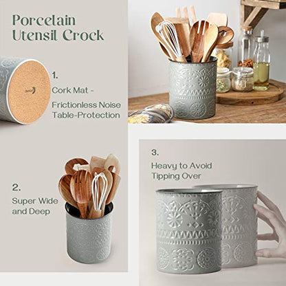 DOWAN Kitchen Utensil Holder, 6.2” Extra Utensil Holders For Countertop, Heavy Ceramic Utensil Crock, Anti Slip & Scratch Cork Bottom, Grey Utensil Organizer For Home Décor