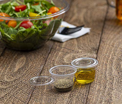  Portion Cup Combo 100 Pack - 1 Oz Cups With Lids, Leak-Proof And Stackable Souffle Cups, Jello Shot Cups, Condiment Cups
