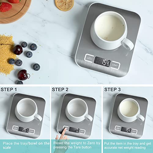  Gital Kitchen Scale,Food Scale For Meat Baking Weight,Unit Gram OZ Lb Up 11 Lb(1g-5KG),Silver Stainless Steel Anti-Fingerprint With Accuracy LCD Display For Cooking Black(Include AAA Battery)
