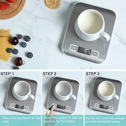  Gital Kitchen Scale,Food Scale For Meat Baking Weight,Unit Gram OZ Lb Up 11 Lb(1g-5KG),Silver Stainless Steel Anti-Fingerprint With Accuracy LCD Display For Cooking Black(Include AAA Battery)