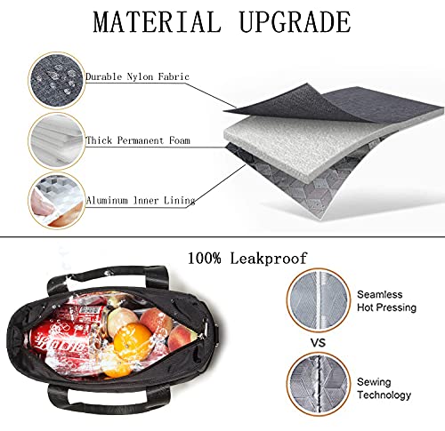  Insulated Lunch Bag, Extra Large Lunch Tote Bag With Removable Shoulder Strap, Durable Reusable Cooler Lunch Box Bag With Side Pockets, Tall Drinks Holder For Women Men Work, Black