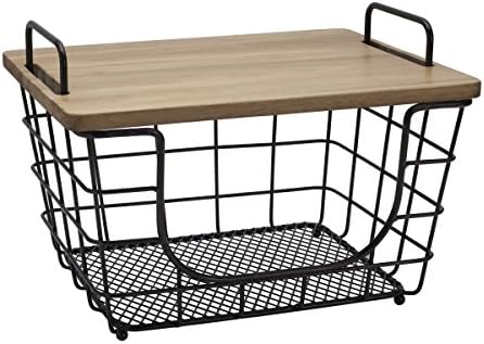  Dam Metal Stacking/Nesting Rectangular Basket With Acacia Lid, Antique Black