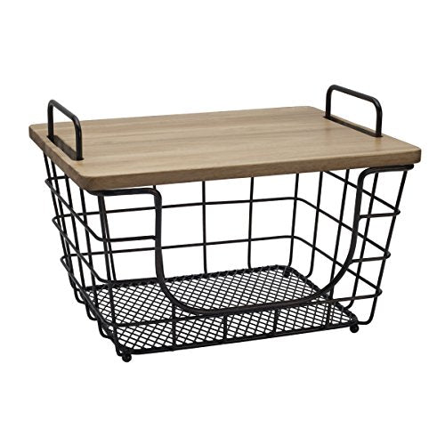  Dam Metal Stacking/Nesting Rectangular Basket With Acacia Lid, Antique Black