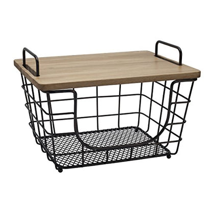  Dam Metal Stacking/Nesting Rectangular Basket With Acacia Lid, Antique Black