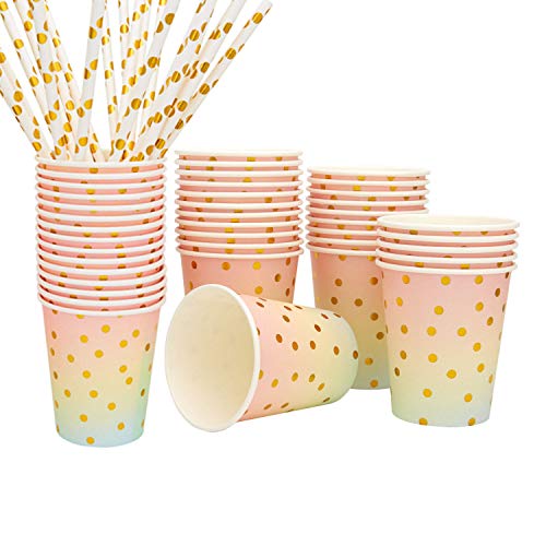  Disposable Paper Party Dinnerware Set For Birthday Baby Shower Wedding Rainbow Party,Serves For 25 (Pink Gold)