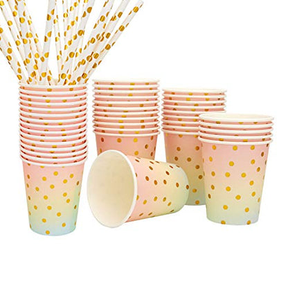  Disposable Paper Party Dinnerware Set For Birthday Baby Shower Wedding Rainbow Party,Serves For 25 (Pink Gold)
