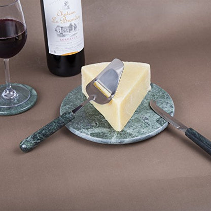  Genuine Green Marble 2 Piece Serving Set With Solid Marble Handle Includes Stainless Steel Cutter Slicer And Cheese Knife, 3" W X 9" L, Green