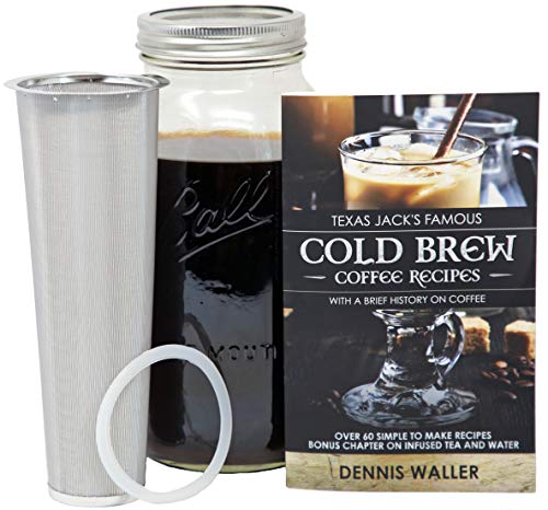  Ld Brew Coffee Maker Starter Kit - Half Gal Mason Jar | Stainless Filter Basket | Ceramic Burr Grinder | Half Pound Certified Organic Whole Bean Cold Brew Blend | Recipe & Instruction Book
