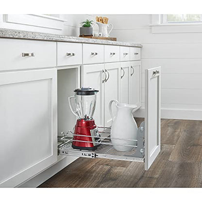  Rev-A-Shelf 5WB1-0918CR-1 8.5 X 18 Inch Single Wire Pull Out Shelf Storage Basket Organizer W/100lb Weight Capacity For Kitchen Base Cabinets, Silver