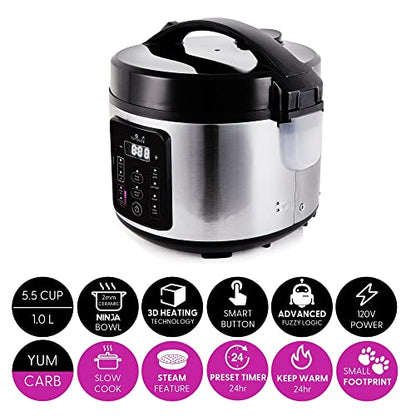  Asia Kumo YumCarb Rice Cooker With Ceramic Bowl And Advanced Fuzzy Logic, (5.5 Cups, 1 Litre), 5 Rice Cooking Functions, 3 Multicooker Functions, 110V US Power (Light Stainless Steel)