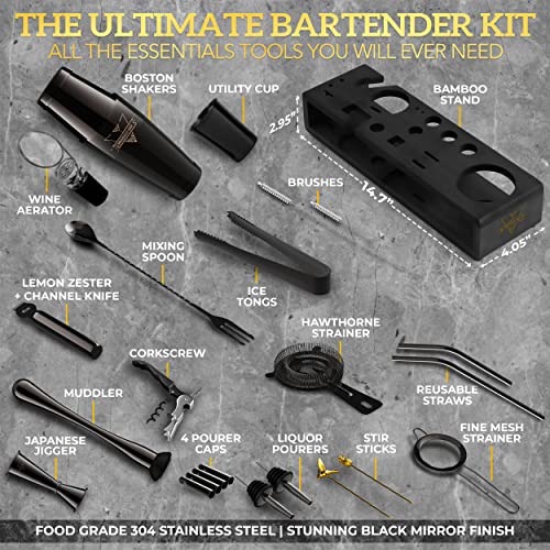  The Complete Mixology Bartender Kit 20-Piece Boston Cocktail Shaker Set - Premium Bar Accessories & Tools Set, Bonus Velvet Bag & Recipe Cards, Stainless Steel Drink Mixer (Gunmetal-Black, 20-Piece)