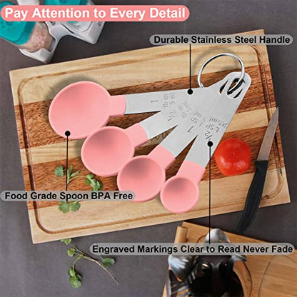  Measuring Cups And Spoons Set, 8 Pieces Measuring Cups And Measuring Spoons With Stackable Stainless Steel Handle Measure Dry Or Liquid Ingredients Measuring Set For Kitchen Cooking And Baking (Pink)