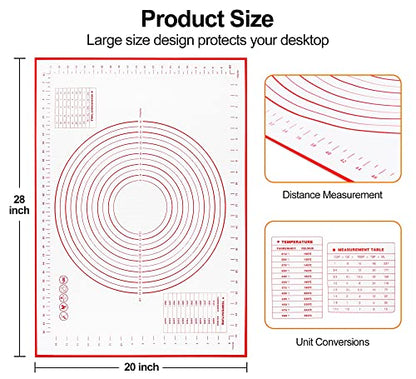 Silicone Pastry Mat For Rolling Dough, 28" X 20" Non Slip Extra Thick Large Baking Mat With Measurement Fondant Mat, Dough Mat, Counter Mat For Cookies, Macarons, Bread, Pizza - Red