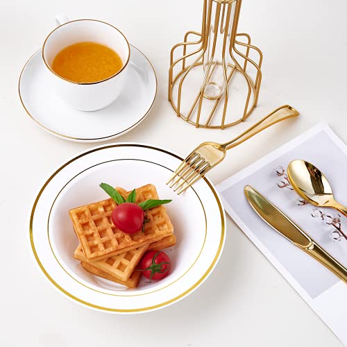  50PCS Plastic Bowls With Gold Rim-12oz Disposable Soup Bowls, Christmas Thanksgiving Premium Dessert Salad Bowls For Wedding/Party
