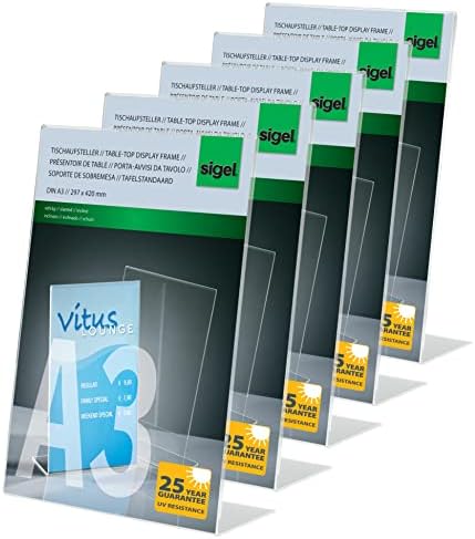 Sigel IGEL TA230 Sign Holder, Slanted, For A4, With Business Card Compartment, Acrylic, Transparent, 5 Pcs.