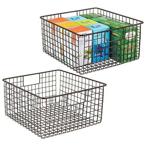  MDesign Farmhouse Decor Metal Wire Food Organizer Storage Bin Baskets With Handles For Kitchen Cabinets, Pantry, Bathroom, Laundry Room, Closets, Garage - 2 Pack - Bronze