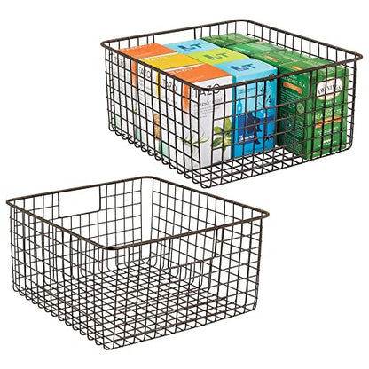  MDesign Farmhouse Decor Metal Wire Food Organizer Storage Bin Baskets With Handles For Kitchen Cabinets, Pantry, Bathroom, Laundry Room, Closets, Garage - 2 Pack - Bronze
