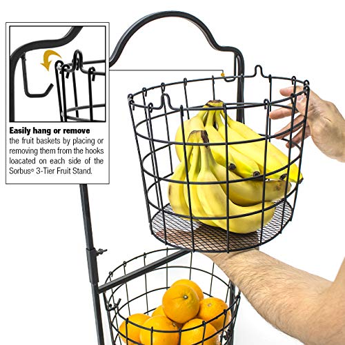  Sorbus 3-Tier Wire Market Basket Stand For Fruit, Vegetables, Toiletries, Household Items, And More, Stylish Tiered Serving Stand Baskets For Kitchen, Bathroom Storage Organization (Black)