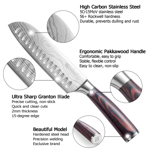  Japanese Santoku Knife 7 Inch Chef Knives Ultra Sharp Kitchen Knife, High Carbon Stainless Steel Chefs Knifes, Chopping Knife For Meat Vegetable Fruit With Pakkawood Handle And Gift Box