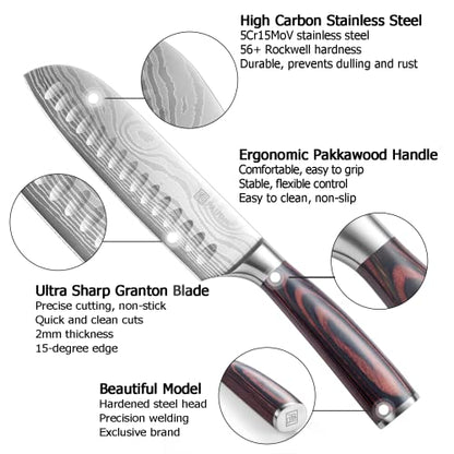  Japanese Santoku Knife 7 Inch Chef Knives Ultra Sharp Kitchen Knife, High Carbon Stainless Steel Chefs Knifes, Chopping Knife For Meat Vegetable Fruit With Pakkawood Handle And Gift Box