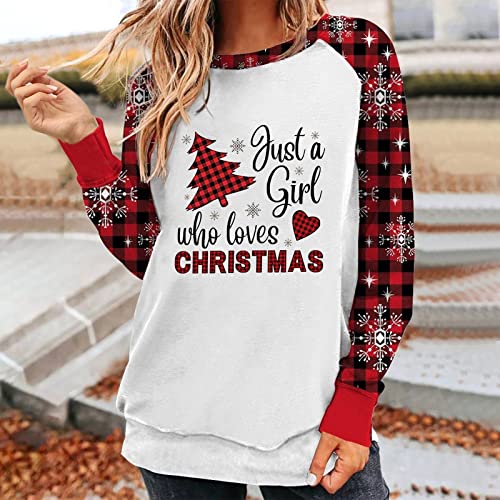  Womens Causal Loose Crewneck Cute Crew Neck Sweatshirts Long Sleeve Christmas Print Plus Size Pullover Top Fall Clothes