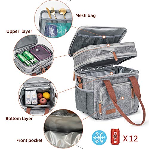  Dult Lunch Box For Work, Expandable Large Lunch Bags For Women Men, Leakproof Double Deck Lunch Box Cooler Tote Bag With Removable Shoulder Strap (Grey)
