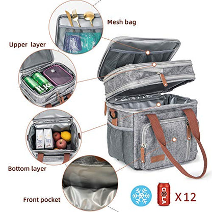  Dult Lunch Box For Work, Expandable Large Lunch Bags For Women Men, Leakproof Double Deck Lunch Box Cooler Tote Bag With Removable Shoulder Strap (Grey)