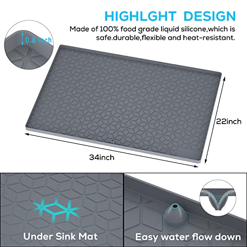  Under Sink Mat For Kitchen, 34"x22" Silicone Waterproof Under Sink Shelf Liner, Flexible Sink Cabinet Organizer Tray, Hold Up To 3.3 Gallons Liquid, Sink Protector Tray With Drain Hole Easy To Clean
