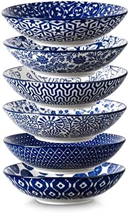  Porcelain 40oz Large Bowls 9 Inch Big Pasta Salad Bowls, Microwave And Oven Safe, Vintage Blue, Set Of 6