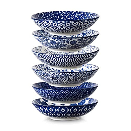  Porcelain 40oz Large Bowls 9 Inch Big Pasta Salad Bowls, Microwave And Oven Safe, Vintage Blue, Set Of 6