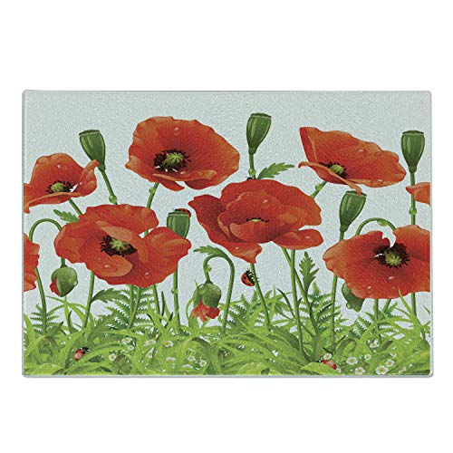  Ladybugs Cutting Board, Horizontal Border With Red Poppy Flower Bud Poppies Chamomile Wildflowers Lawn, Decorative Tempered Glass Cutting And Serving Board, Large Size, Green Red