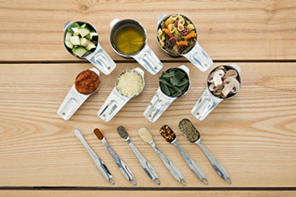  Measuring Cups And Spoons Set By Kitchen Yen - 7 Nesting Cups, 6 Stackable Narrow Spoons - Coffee Scoop - Engraved Measurements For Dry/Liquid Ingredients - Heavy Duty Professional 304 Stainless Steel
