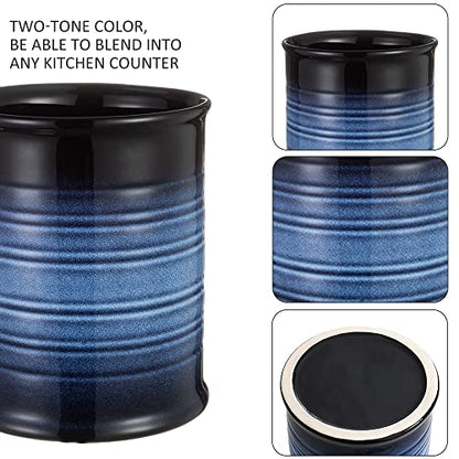  Nihow Kitchen Utensil Holder: 7.2 Inch Extra Large Ceramic Utensil Holder For Countertop - Stable Utensil Crock For Kitchen Counter Decor - Elegant Blue & Black (1PC)