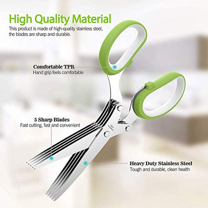  Herb Scissors Stripper Set,Multipurpose 5 Stainless Steel Blades,Safety Cover,Cleaning Comb,Herb Stripping Tool,4PCS Green Kitchen Cutting Shear Set For Chopping Basil Chive Parsley