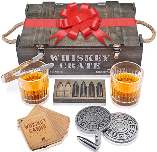  Bullet Whiskey Stones Gift Set By Royal Reserve | Artisan Crafted Chilling Rocks Scotch Bourbon Glasses And Coasters – Gift For Ranger Police Hunter Guy Men Dad Boyfriend Anniversary Or Retirement