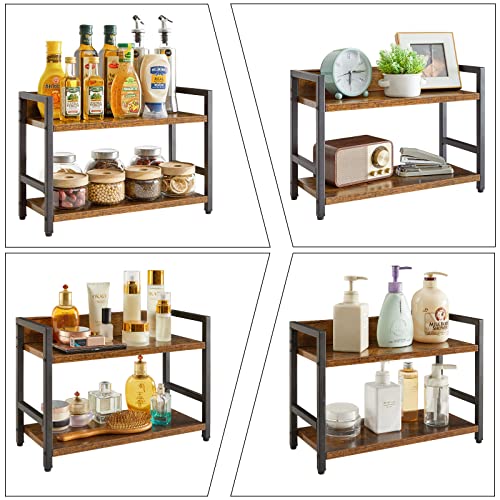  IBUYKE 2-Tier Spice Rack Industrial Counter Shelf Desktop Storage Organizer Standing Seasoning Rack For Countertop Kitchen Office Living Room Desktop Rustic Brown UTLJ002H