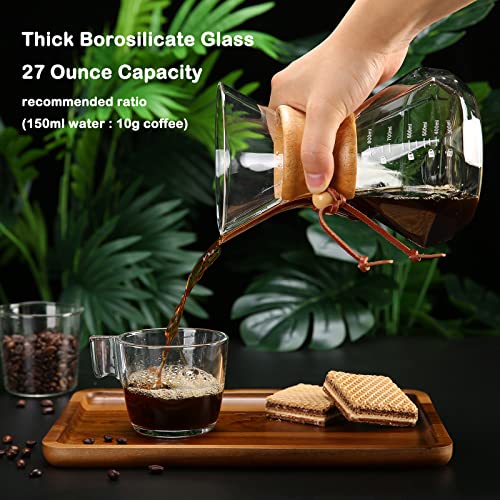  Pour Over Coffee Maker With Permanent Filter, 27oz Borosilicate Glass Coffee Carafe, Reusable Stainless Steel Filter And Modern Wooden Collar, Coffee Dripper Brewer, Hold 6 Cups