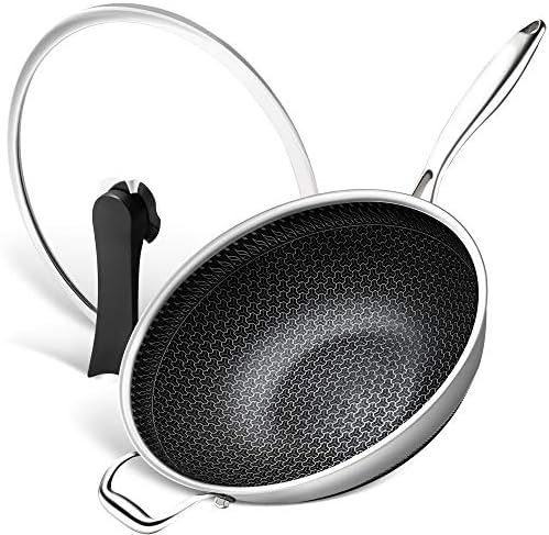 Wok Pan With Lid, 12.5 Inch Stainless Steel Woks & Stir-fry Pans With Stay Cool Handle, Flat Bottom Wok With Vertical Lid, Induction Wok, Dishwasher And Oven Safe
