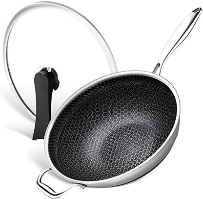  Wok Pan With Lid, 12.5 Inch Stainless Steel Woks & Stir-fry Pans With Stay Cool Handle, Flat Bottom Wok With Vertical Lid, Induction Wok, Dishwasher And Oven Safe