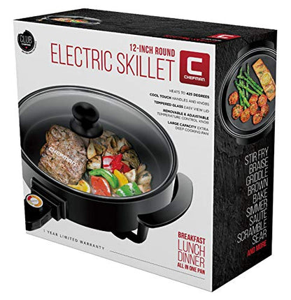  RJ05-12-RO 1400 Watt Electric Skillet 12 Inch Round Frying Pan With Non Stick Coating And Tempered Glass Lid, Black