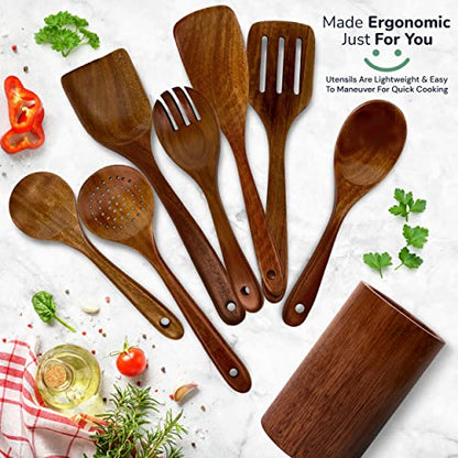  Wooden Spoons For Cooking-Kitchen Utensils Set With Holder-Nice-nook 8PCS Wooden Utensils For Cooking Made With Acacia Wood-Cooking Utensils Set Non-stick With Comfortable Soft Grip-Great House Gifts.
