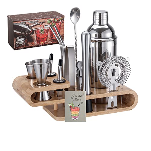  Bartender Kit Cocktail Shaker With Stylish Bamboo Stand,18-Piece Bar Tool Set With Recipes Booklet,Home Drink Mixer Set