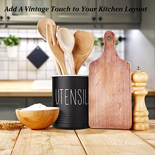  Kitchen Utensil Holder, 6.7" Utensil Holder For Kitchen Counter, Cooking Utensil Crock With Cork Bottom, Modern Farmhouse Kitchen Decor, Countertop Utensil Storage Caddy Organizer, Black