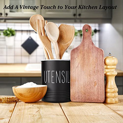  Kitchen Utensil Holder, 6.7" Utensil Holder For Kitchen Counter, Cooking Utensil Crock With Cork Bottom, Modern Farmhouse Kitchen Decor, Countertop Utensil Storage Caddy Organizer, Black