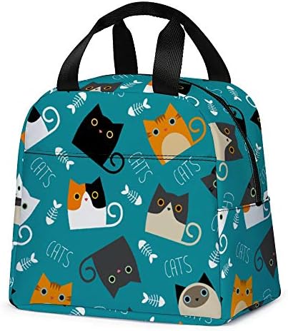  Lunch Bag, Cute Kids Reusable Cooler Lunch Tote Bag Insulated Leakproof Lunch Box Container With Front Pocket For Girls Boys School Work Picnic (Teal Cat)