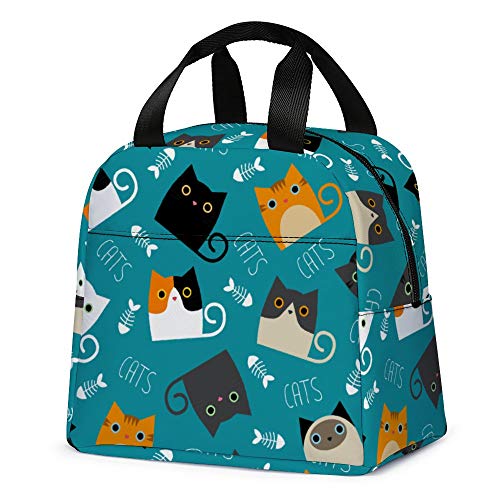  Lunch Bag, Cute Kids Reusable Cooler Lunch Tote Bag Insulated Leakproof Lunch Box Container With Front Pocket For Girls Boys School Work Picnic (Teal Cat)