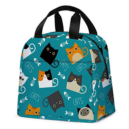  Lunch Bag, Cute Kids Reusable Cooler Lunch Tote Bag Insulated Leakproof Lunch Box Container With Front Pocket For Girls Boys School Work Picnic (Teal Cat)