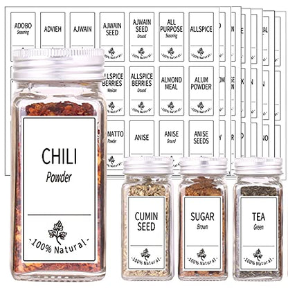  36 Glass Spice Jars With 806 White Spice Labels, Chalk Marker And Funnel Complete Set. Square Bottles 4 Oz Empty Spice Containers, Airtight Cap, Pour/sift Shaker Lid