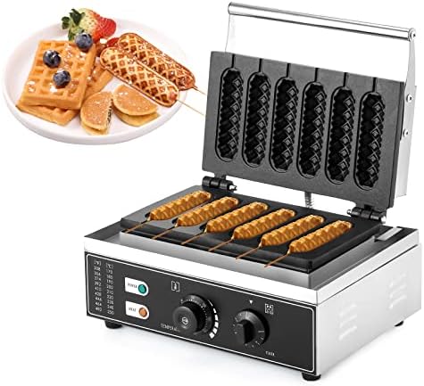  Commercial Waffle Corn Dog Maker, 0-300℃ Non-Stick Waffle Stick Maker Hot Dog Presser Maker With Removable Tray(6 PCS, Recipe Included), 110V