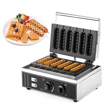  Commercial Waffle Corn Dog Maker, 0-300℃ Non-Stick Waffle Stick Maker Hot Dog Presser Maker With Removable Tray(6 PCS, Recipe Included), 110V